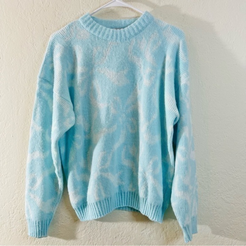 Vintage Spunky Floral Print Crewneck Long Sleeve Acrylic Sweater Women Size L